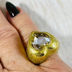 Sexy puffy gold-tone heart adjustable ring with larch clear rhinestone.